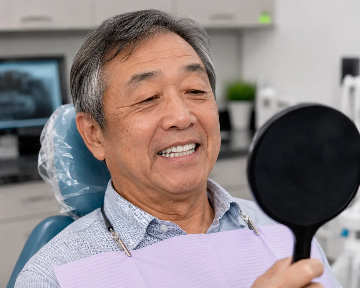 Patient admiring his restored smile in a mirror after implant treatment at Green Dentistry: Root and Restore in Alexandria, VA