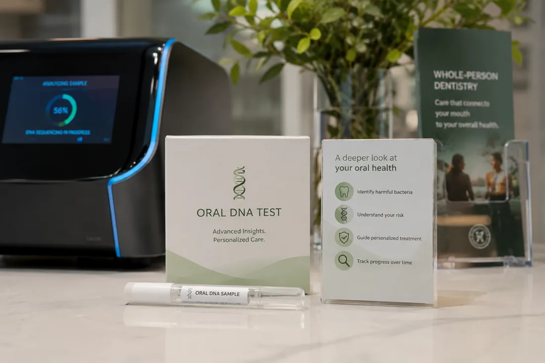 Oral DNA test kit and saliva sample with chairside analyzer at Green Dentistry in Alexandria, VA