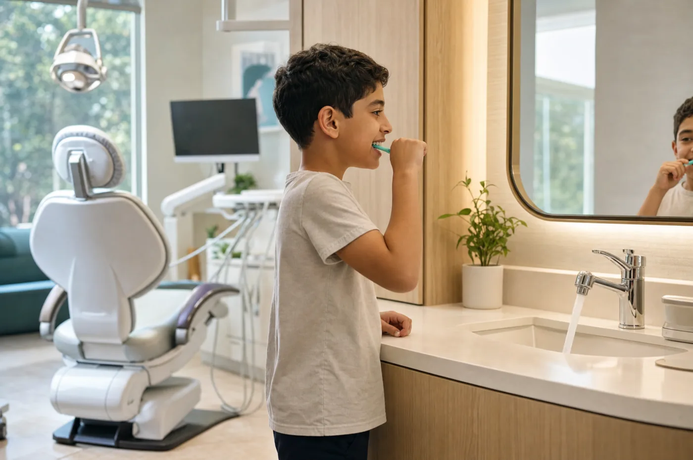 A child brushing their teeth at the sink beside the dental chair, building healthy habits at Green Dentistry: Root and Restore in Alexandria, VA