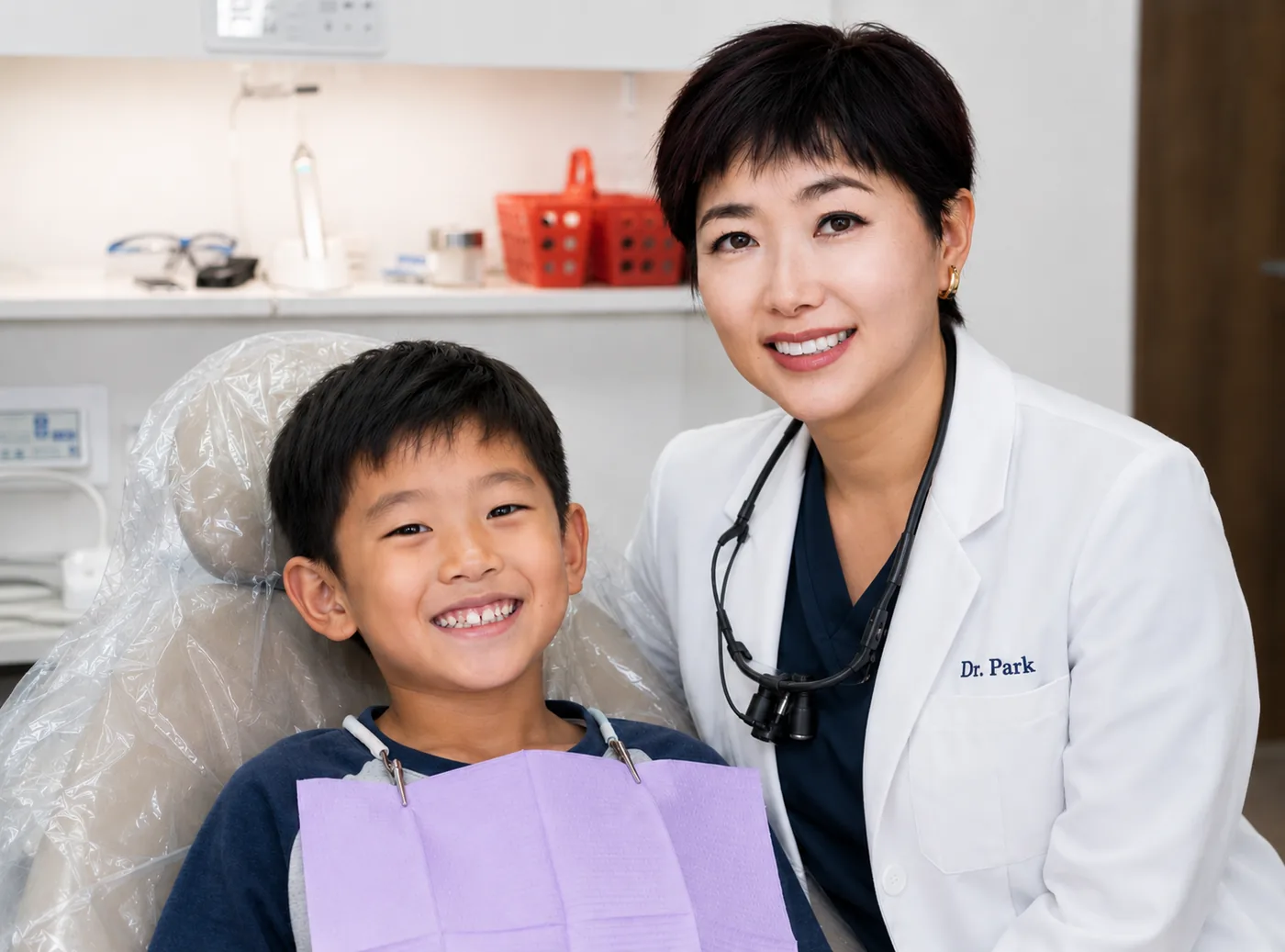 Dr. Hye Park with a smiling child at a comfortable first dental visit at Green Dentistry: Root and Restore in Alexandria, VA