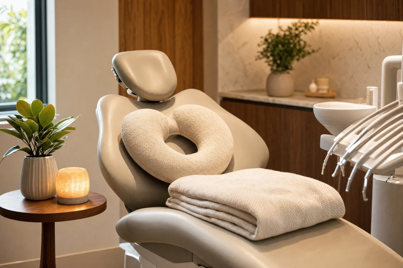 Spa-like dental chair with cozy comfort amenities for relaxed, sedation dentistry at Green Dentistry: Root and Restore in Alexandria, VA