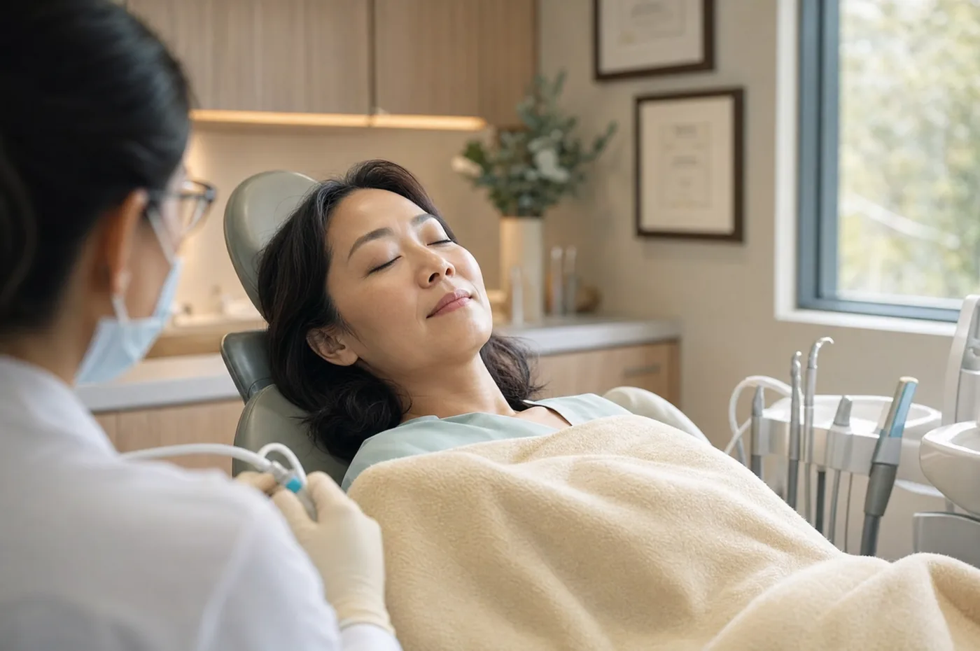 A relaxed, calm patient resting comfortably in the dental chair during sedation dentistry at Green Dentistry: Root and Restore in Alexandria, VA