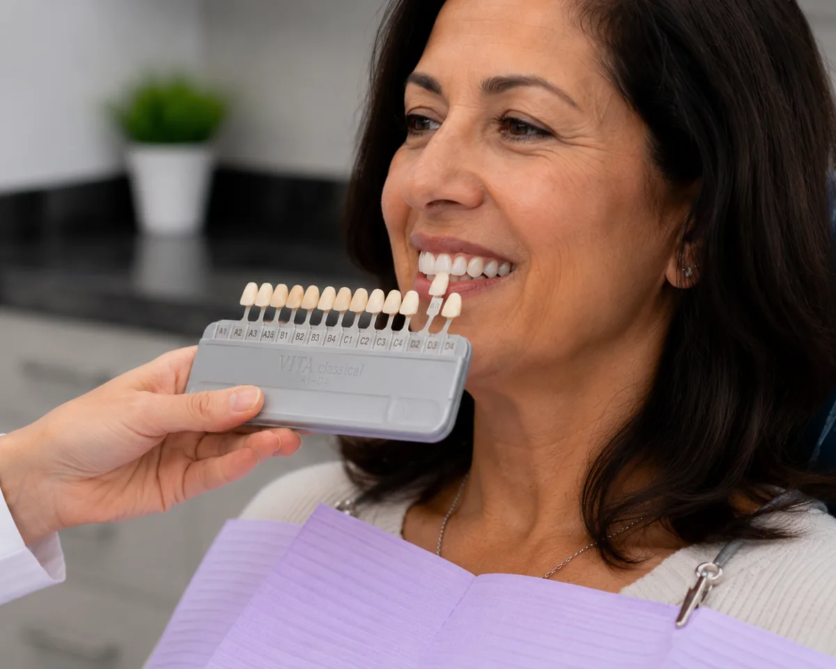 Matching a tooth shade guide for a natural-looking cosmetic restoration at Green Dentistry: Root and Restore in Alexandria, VA