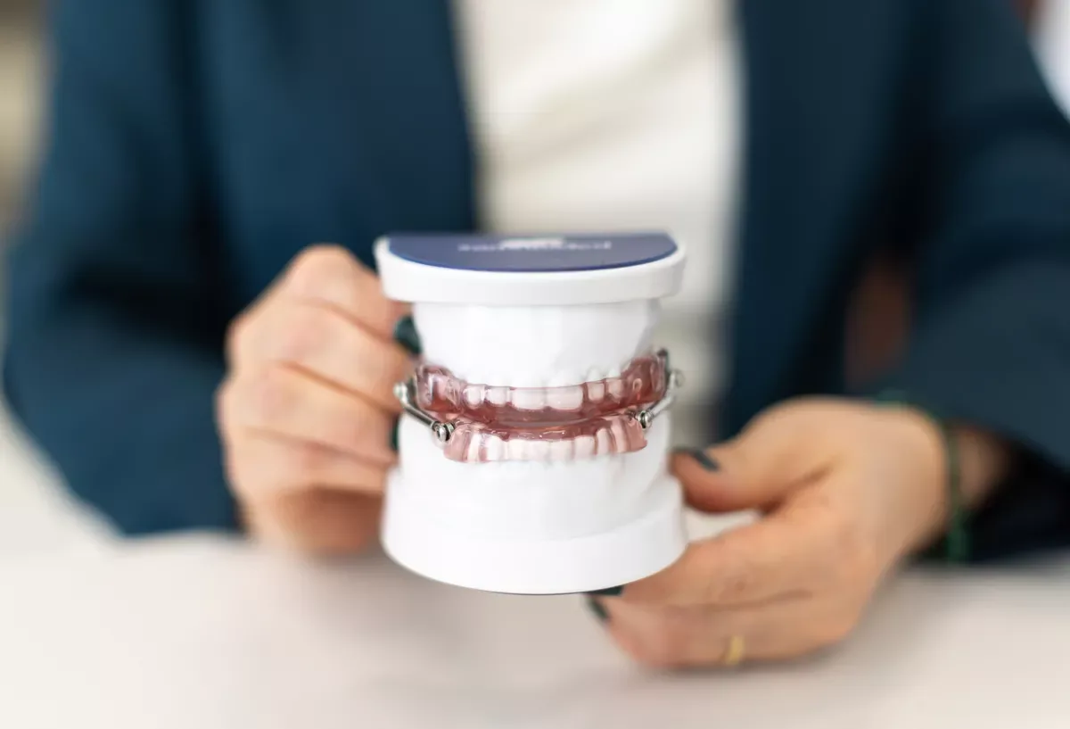 Custom oral sleep appliance on a dental model for airway and sleep therapy at Green Dentistry: Root and Restore in Alexandria, VA