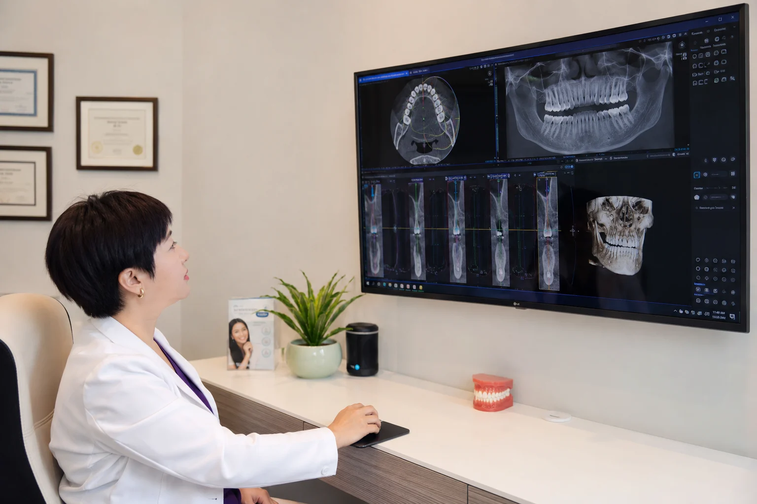 Patient at a CBCT cone beam 3D dental imaging scanner at Green Dentistry in Alexandria, VA