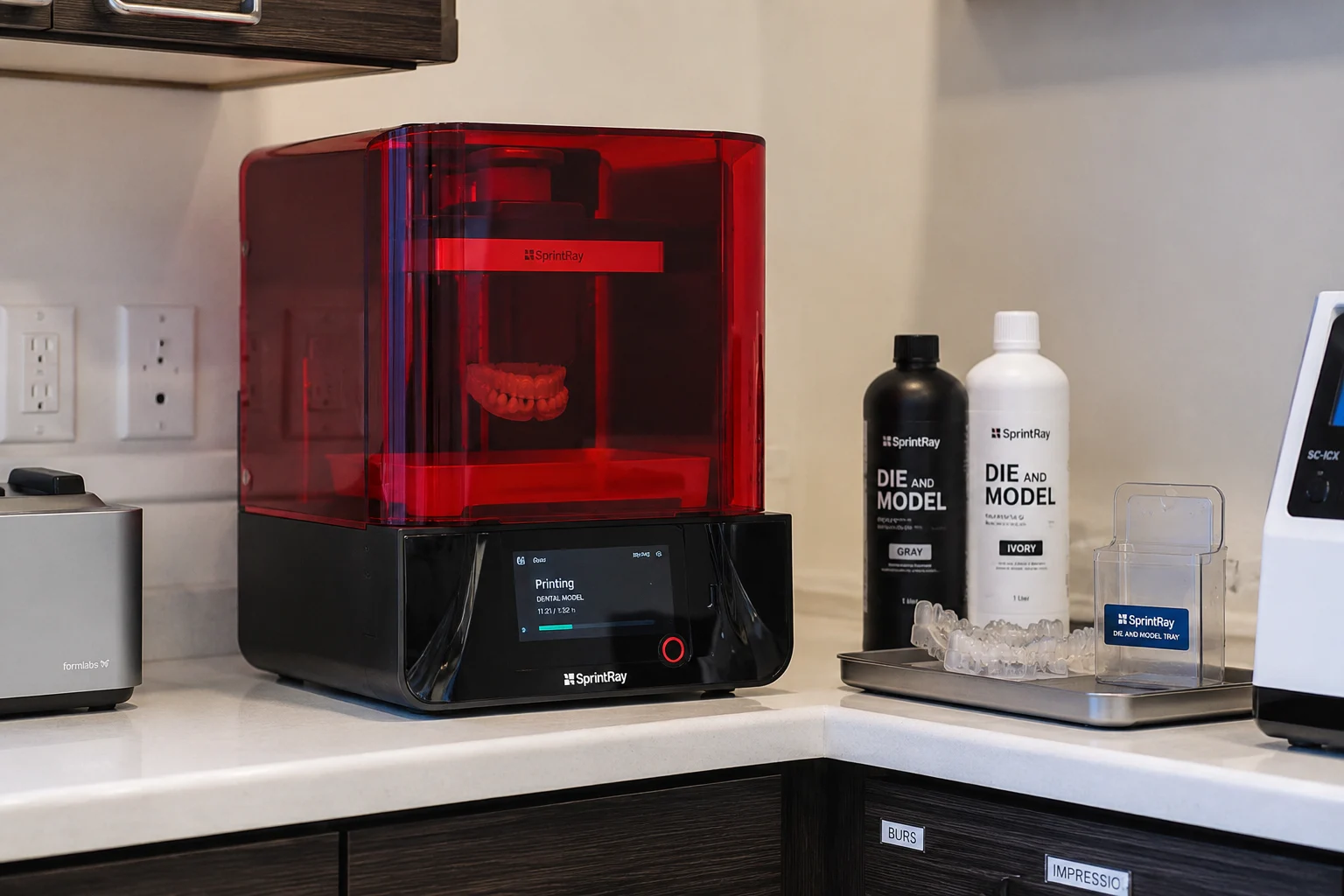 Desktop dental 3D printer creating a custom dental model at Green Dentistry in Alexandria, VA