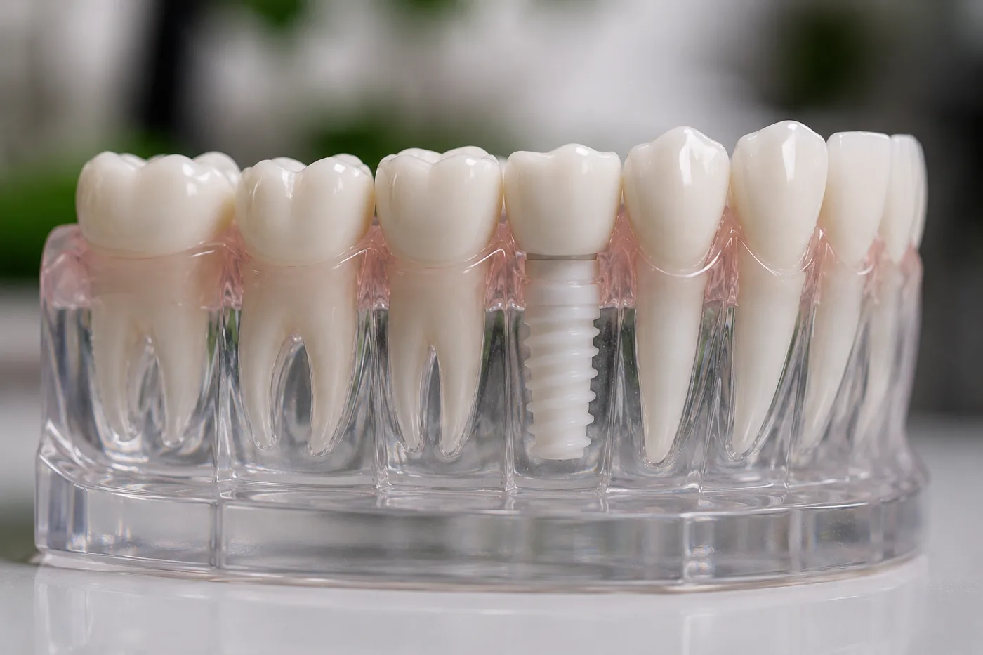 Metal-free zirconia dental implant shown in a model alongside natural teeth at Green Dentistry: Root and Restore in Alexandria, VA